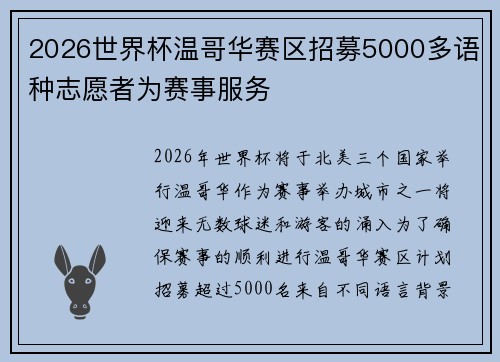 2026世界杯温哥华赛区招募5000多语种志愿者为赛事服务